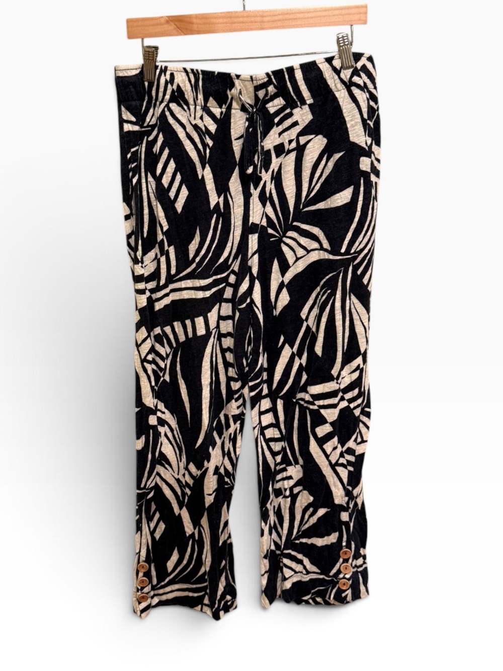Tahari Black Cream Palm Print Linen Blend Wide Leg Pull On Pants Sz XL